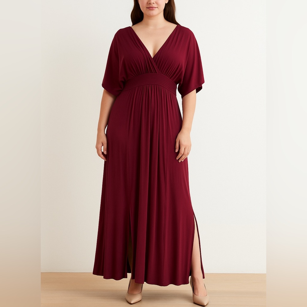 Vici Women Kimona Smocked Maxi Dress Medium Red Burgundy Side Slits Evening